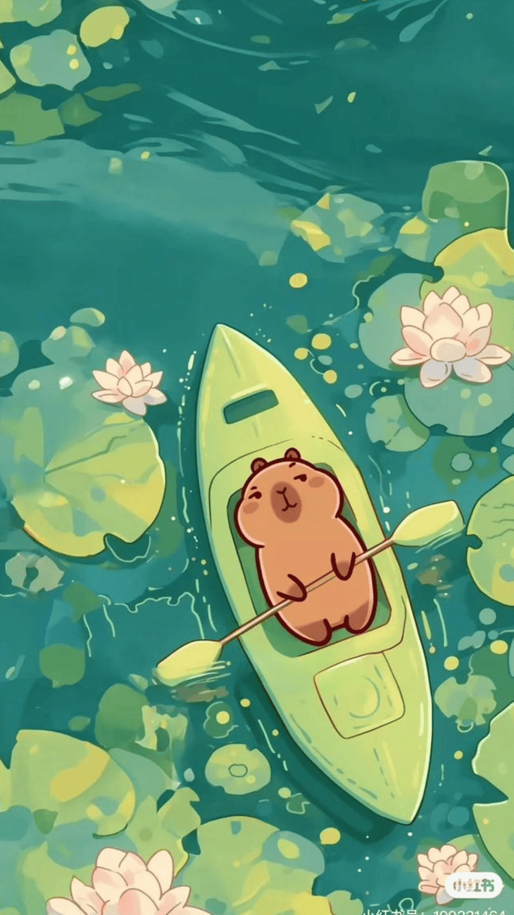 chibi capybara chèo thuyền