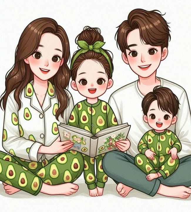 chibi gia đình 4 người đang đọc sách