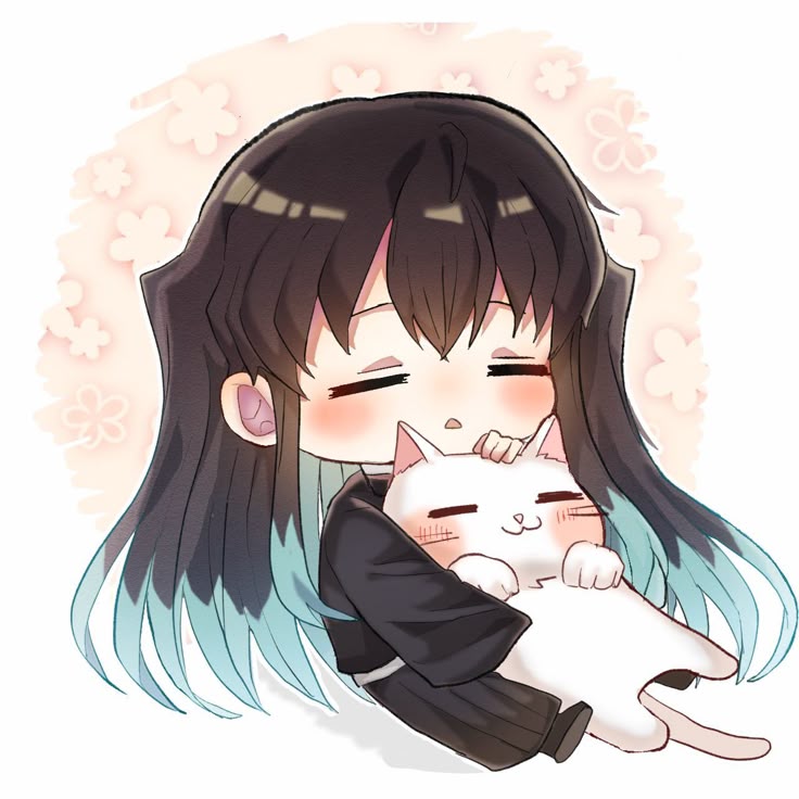 muichirou chibi ôm mèo nằm ngủ